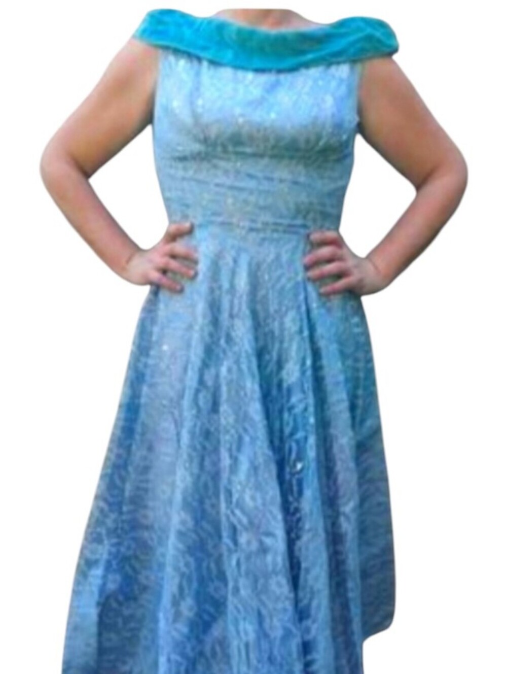 Vintage 1950's Blue Taffeta Gown with Silver Lace Overlay, Petticoat, & Bow